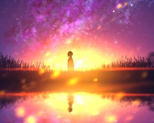 Preview wallpaper silhouette, loneliness, reflection, light, sunset, anime