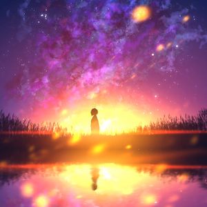 Preview wallpaper silhouette, loneliness, reflection, light, sunset, anime