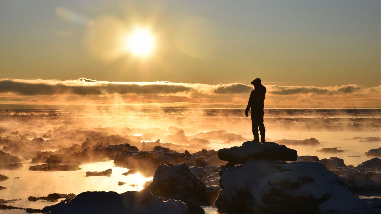 Wallpaper silhouette, loneliness, rocks, stones, fog, clouds, sunset