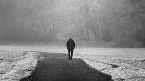 Preview wallpaper silhouette, lonely, snowfall, fog, winter, snow