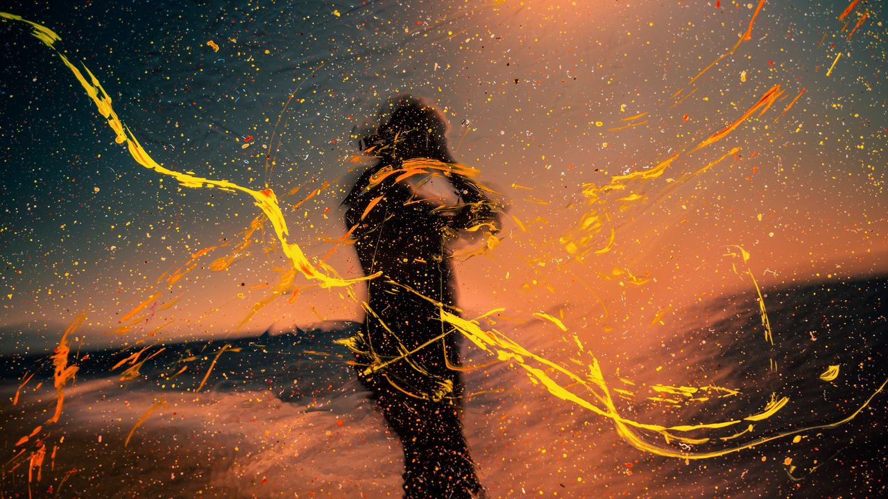 Wallpaper silhouette, man, paint, splashes, drops