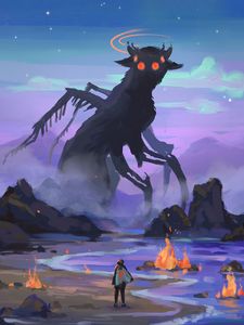 Preview wallpaper silhouette, monster, scary, fire, fantasy, art