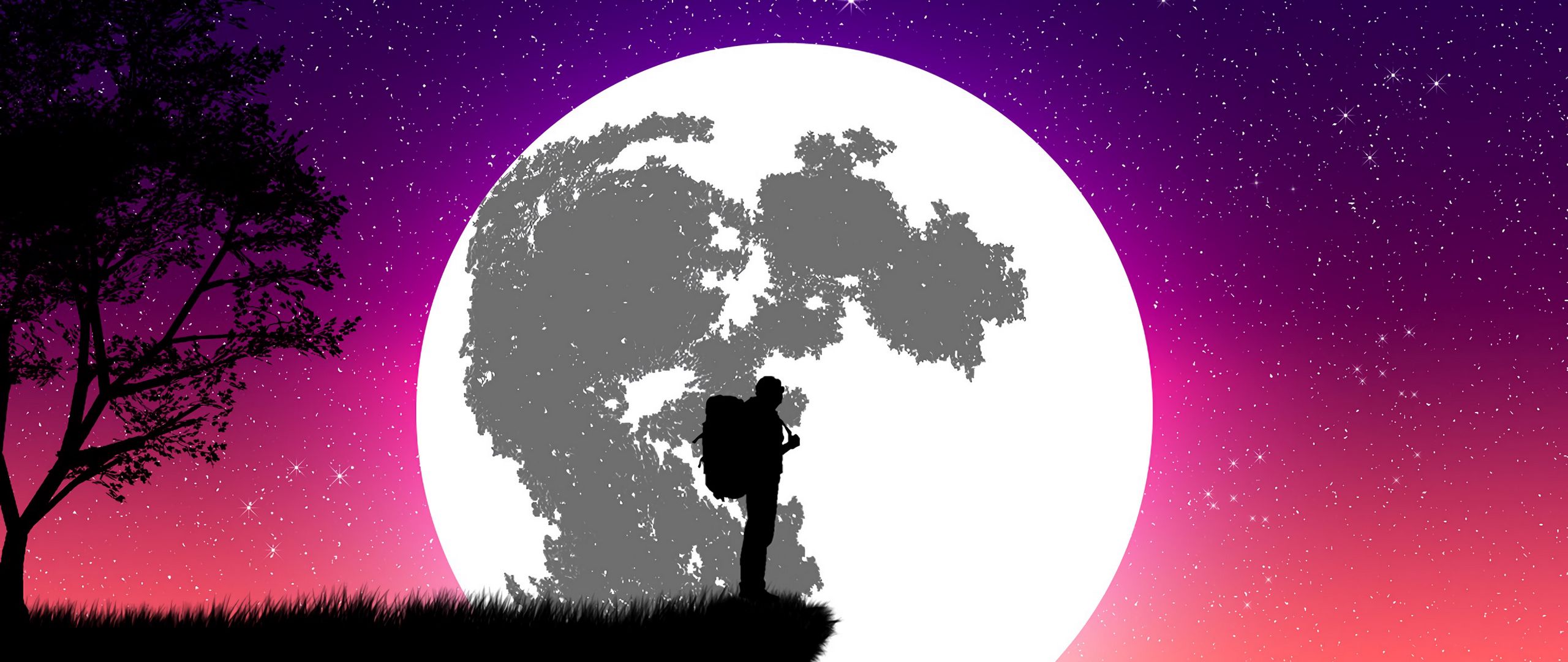 Download wallpaper 2560x1080 silhouette, moon, art, vector, cliff