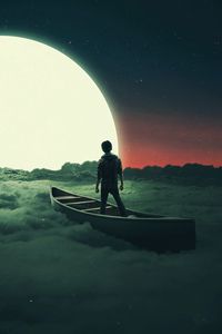 Preview wallpaper silhouette, moon, boat, lonely, loneliness, surrealism