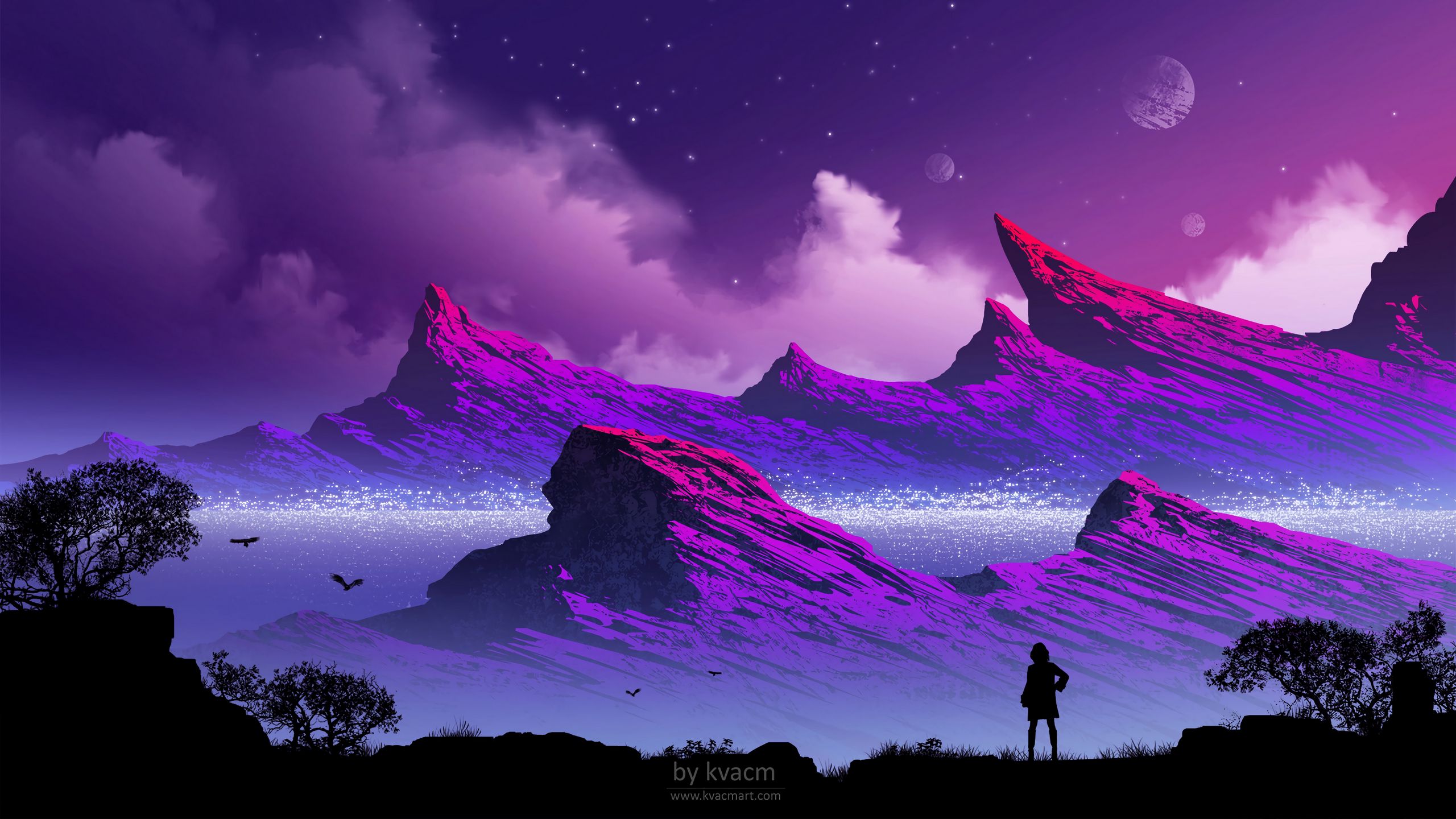 Download wallpaper 2560x1440 silhouette, mountains, clouds, art, fog,  loneliness, lonely widescreen 16:9 hd background