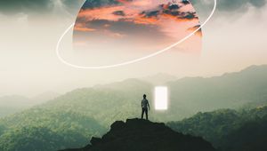 Preview wallpaper silhouette, mountains, fog, illusion, portal