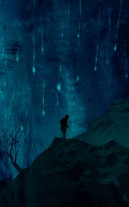 Preview wallpaper silhouette, mountains, night, starfall, art