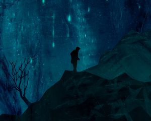 Preview wallpaper silhouette, mountains, night, starfall, art