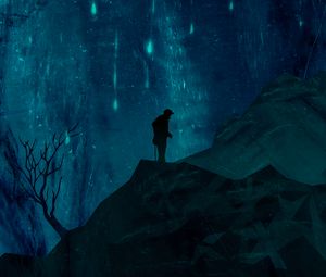 Preview wallpaper silhouette, mountains, night, starfall, art