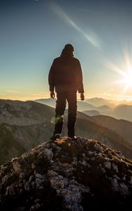 Preview wallpaper silhouette, mountains, sunlight, peaks, dawn, glare