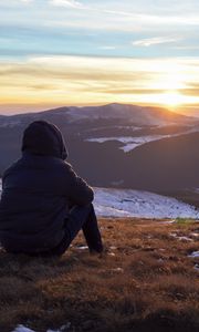 Preview wallpaper silhouette, mountains, sunset, landscape, loneliness