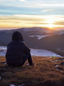 Preview wallpaper silhouette, mountains, sunset, landscape, loneliness