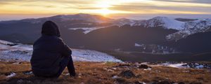 Preview wallpaper silhouette, mountains, sunset, landscape, loneliness
