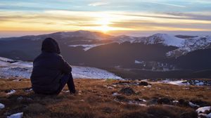 Preview wallpaper silhouette, mountains, sunset, landscape, loneliness