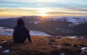 Preview wallpaper silhouette, mountains, sunset, landscape, loneliness