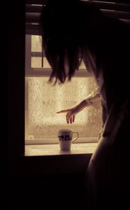 Preview wallpaper silhouette, mug, window, dark, wet