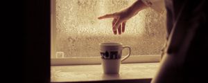 Preview wallpaper silhouette, mug, window, dark, wet