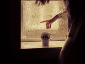 Preview wallpaper silhouette, mug, window, dark, wet