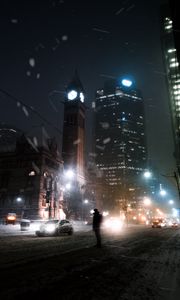 Preview wallpaper silhouette, night city, snowfall, street, city lights