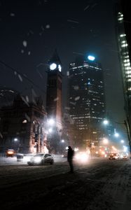 Preview wallpaper silhouette, night city, snowfall, street, city lights