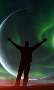 Preview wallpaper silhouette, night, northern lights, aurora, sky, space, freedom
