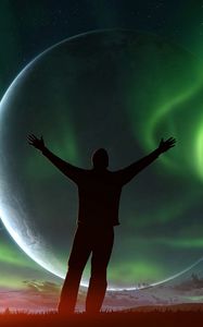 Preview wallpaper silhouette, night, northern lights, aurora, sky, space, freedom