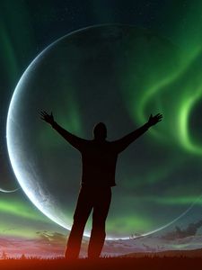 Preview wallpaper silhouette, night, northern lights, aurora, sky, space, freedom