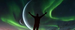 Preview wallpaper silhouette, night, northern lights, aurora, sky, space, freedom