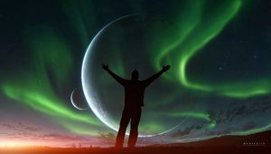 Preview wallpaper silhouette, night, northern lights, aurora, sky, space, freedom