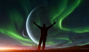 Preview wallpaper silhouette, night, northern lights, aurora, sky, space, freedom
