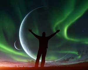 Preview wallpaper silhouette, night, northern lights, aurora, sky, space, freedom