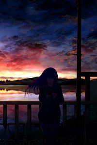 Preview wallpaper silhouette, night, starry sky, girl, anime