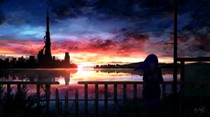 Preview wallpaper silhouette, night, starry sky, girl, anime