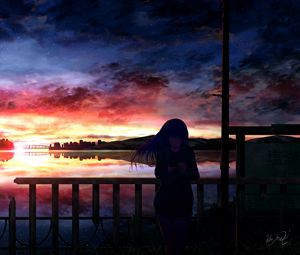 Preview wallpaper silhouette, night, starry sky, girl, anime