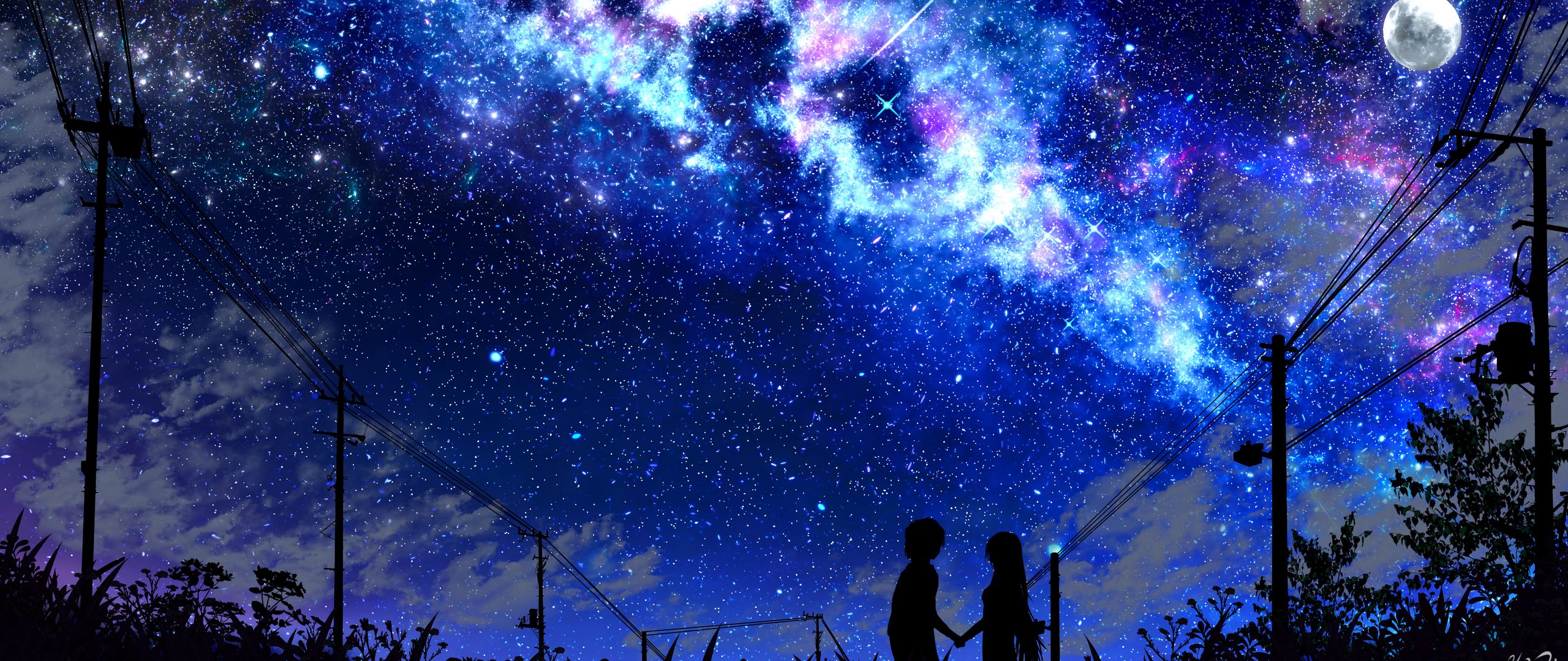 2560x1080 Wallpaper silhouette, night, starry sky, art, dark