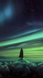 Preview wallpaper silhouette, northern lights, shore, stones, art