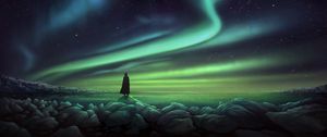 Preview wallpaper silhouette, northern lights, shore, stones, art