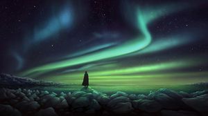 Preview wallpaper silhouette, northern lights, shore, stones, art