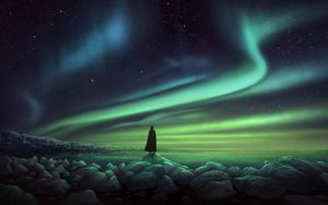 Preview wallpaper silhouette, northern lights, shore, stones, art