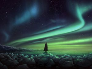 Preview wallpaper silhouette, northern lights, shore, stones, art