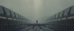 Preview wallpaper silhouette, pipes, fog, buildings, art
