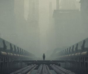 Preview wallpaper silhouette, pipes, fog, buildings, art