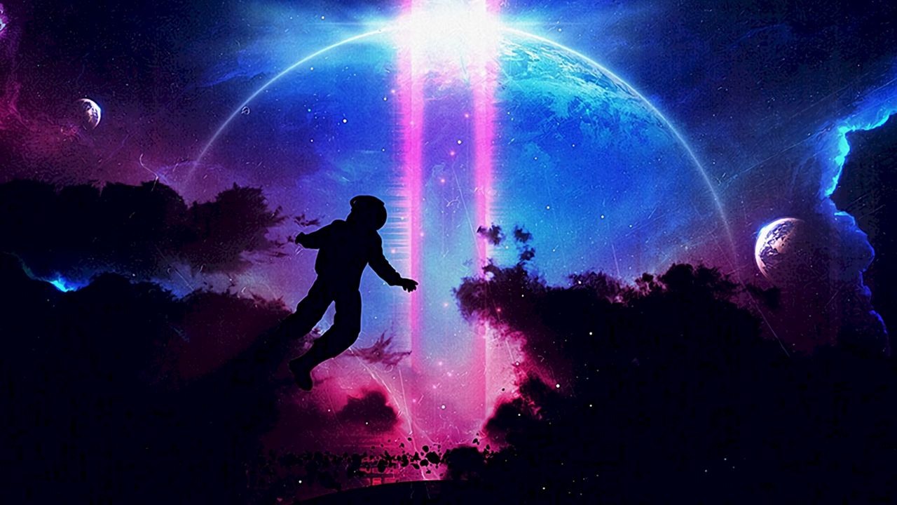 Wallpaper silhouette, planet, colorful, darkness, jump