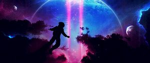 Preview wallpaper silhouette, planet, colorful, darkness, jump