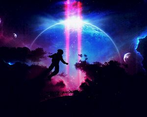 Preview wallpaper silhouette, planet, colorful, darkness, jump