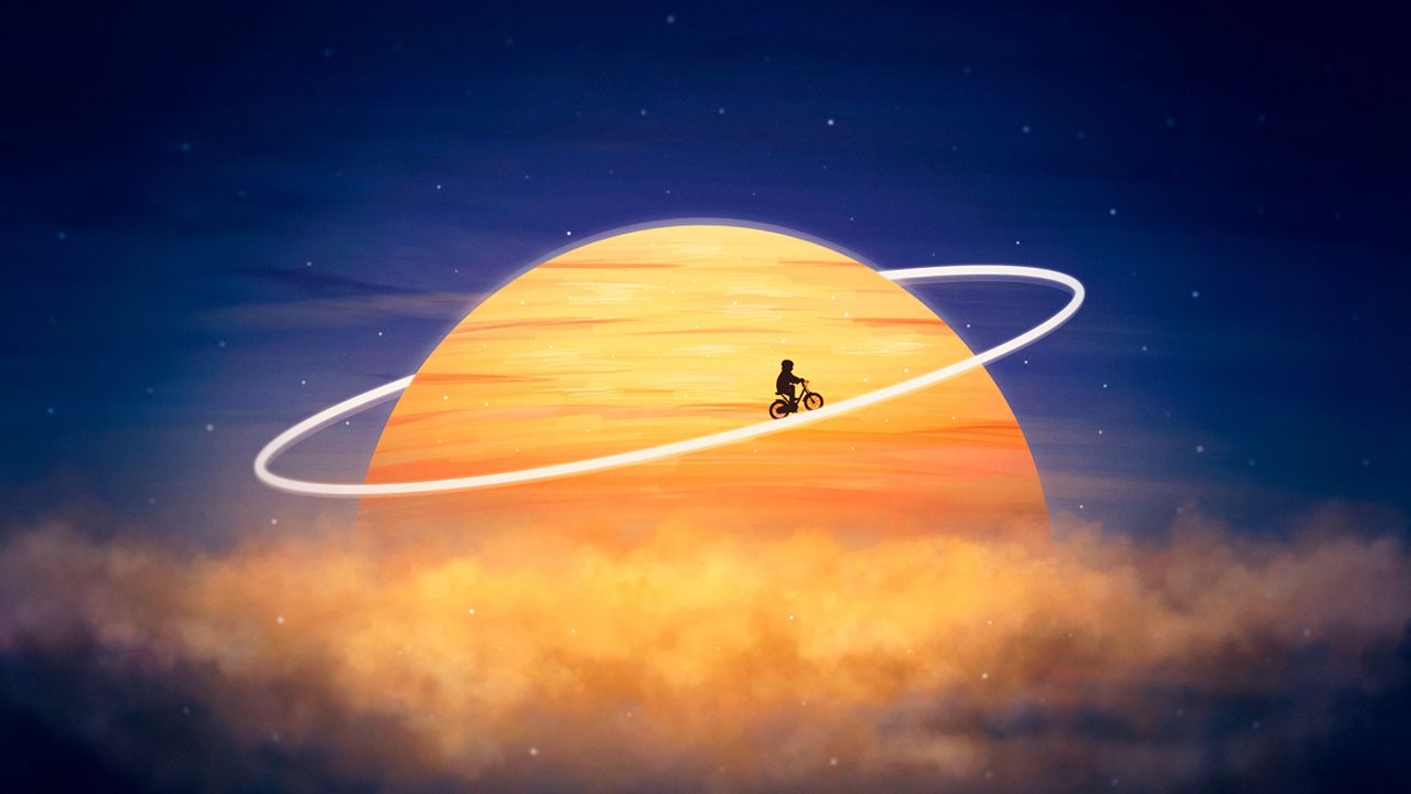 Wallpaper silhouette, planet, orbit, cyclist, photoshop, fantasy