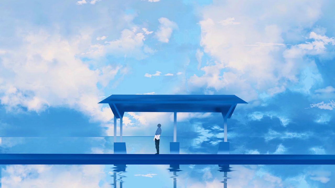 Wallpaper silhouette, platform, clouds, anime, art