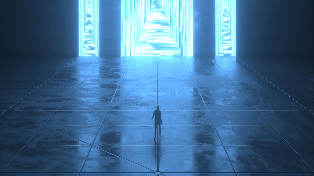 Wallpaper silhouette, portal, glow, bright, art