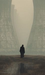 Preview wallpaper silhouette, power plants, fog, art, alone