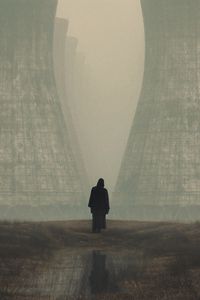 Preview wallpaper silhouette, power plants, fog, art, alone